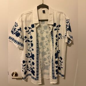 Men's White and Blue Floral Casual Button Down Shirt